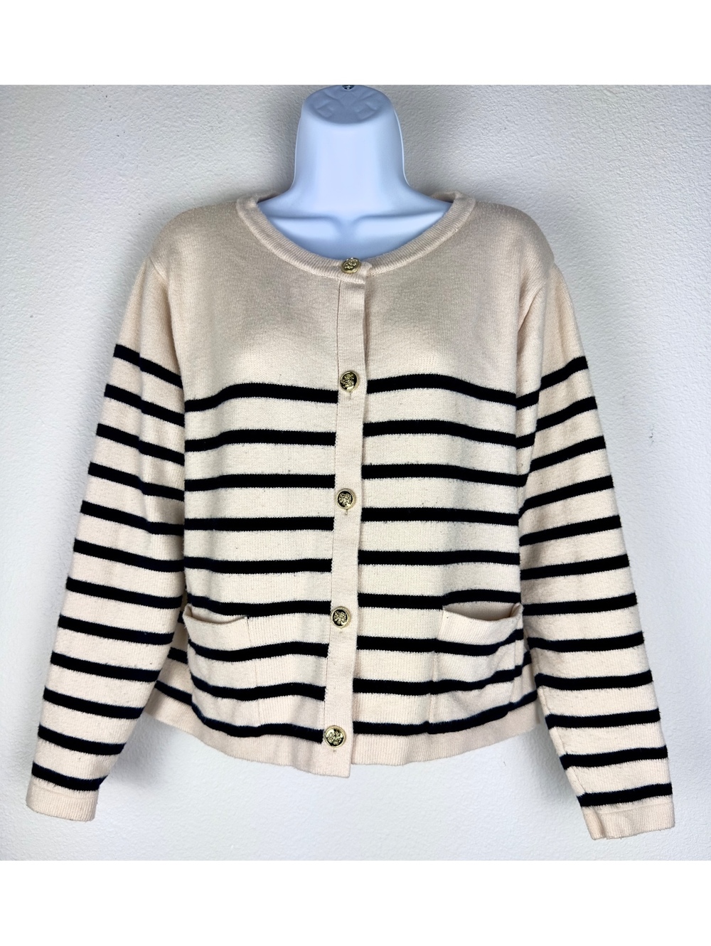 Lillusory Large Cream Black Stripe Cardigan Gold Buttons Coastal Preppy Knit